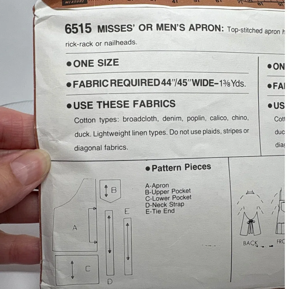 Simplicity 6515 Beginner's Choice Level 2 Apron Sewing Pattern Miss Men One Size